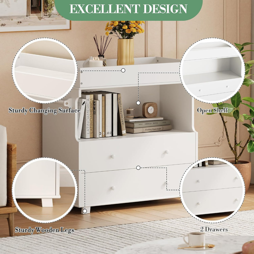 Baby Changing Table with Drawer and Storage Shelves | Heavy Duty Diaper Station, White Wooden Changing Table with