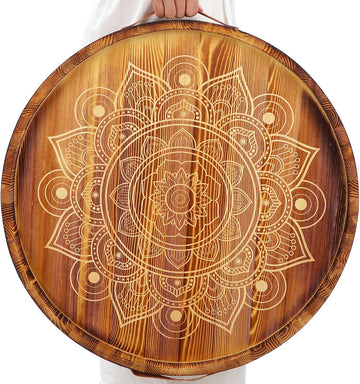 24 Inch Ottoman Tray Mandala Wooden Serving Tray with Handle Rustic Round Ottoman Large Farmhouse Coffee Table