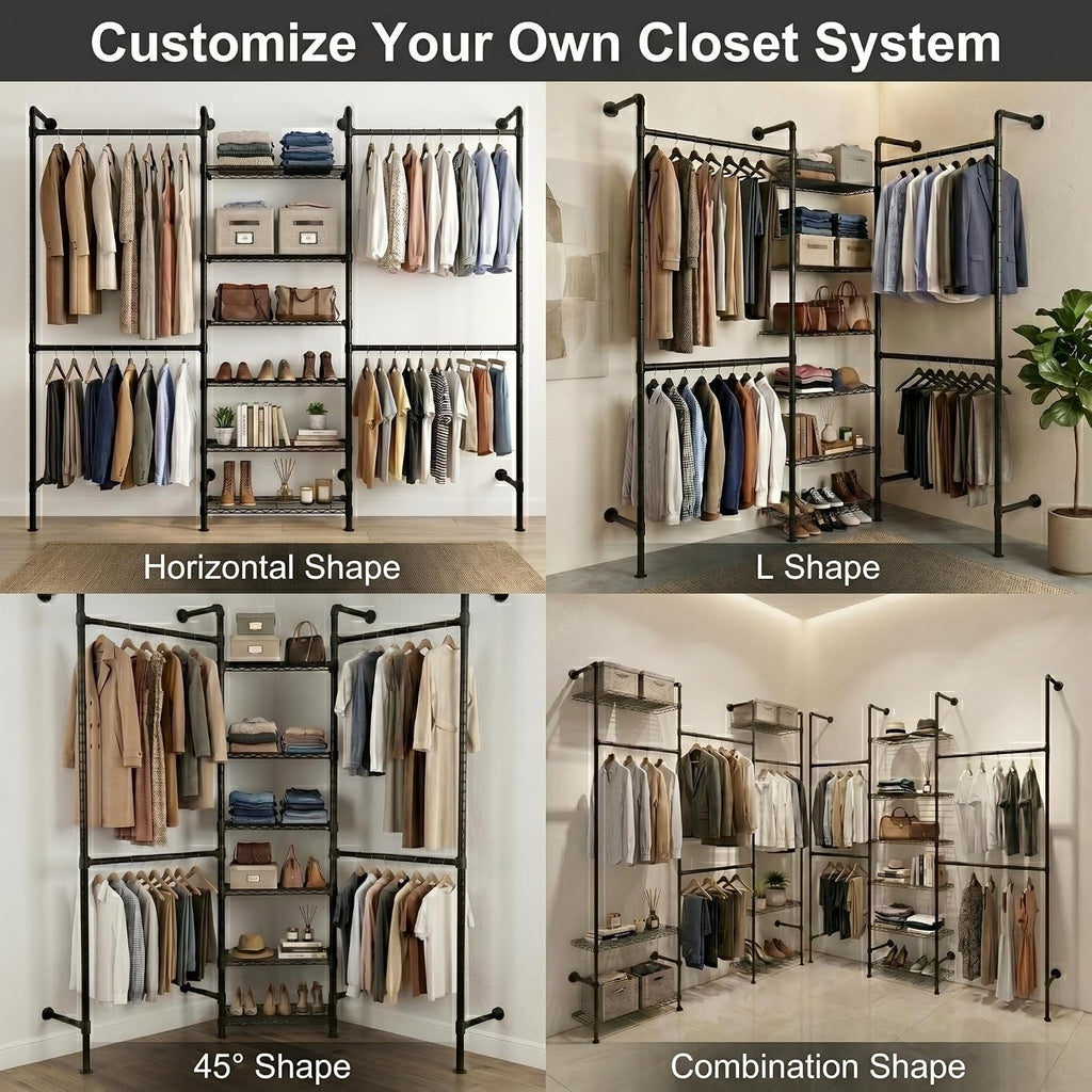F3 Wall Mounted Closet System, Industrial Pipe Clothing Rack for Hanging Clothes, Heavy Duty Closet Organizer System