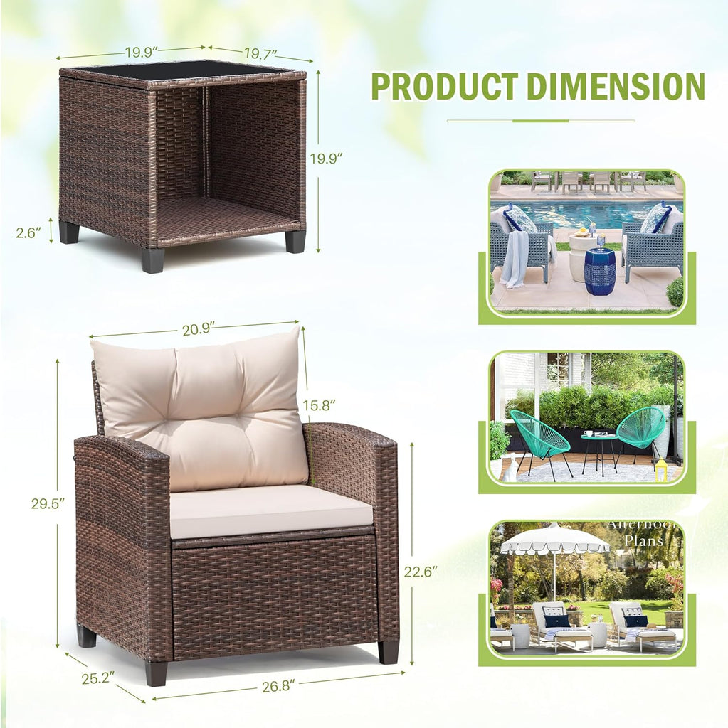 3 Pieces Patio Furniture Set, PE Rattan Wicker Patio Set with Two Outdoor Chairs and Table
