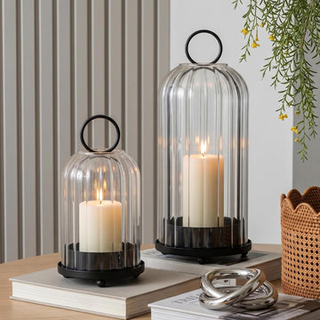 5" & 4" Metal Candle Holder with Ribbed Glass Candle Lanterns Set of 2, Vintage Windproof Hurricane Candle Holders