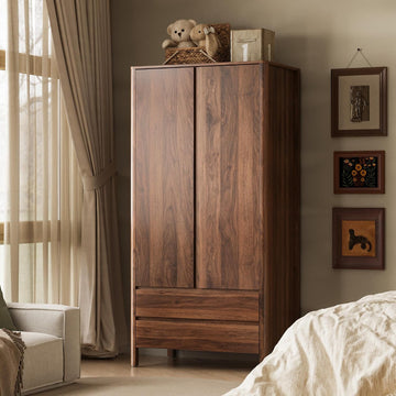 Wardrobe with 2 Doors and 2 Drawers, 70.9"H Modern Walnut Bedroom Armoire Closet with Hidden Handles, Freestanding