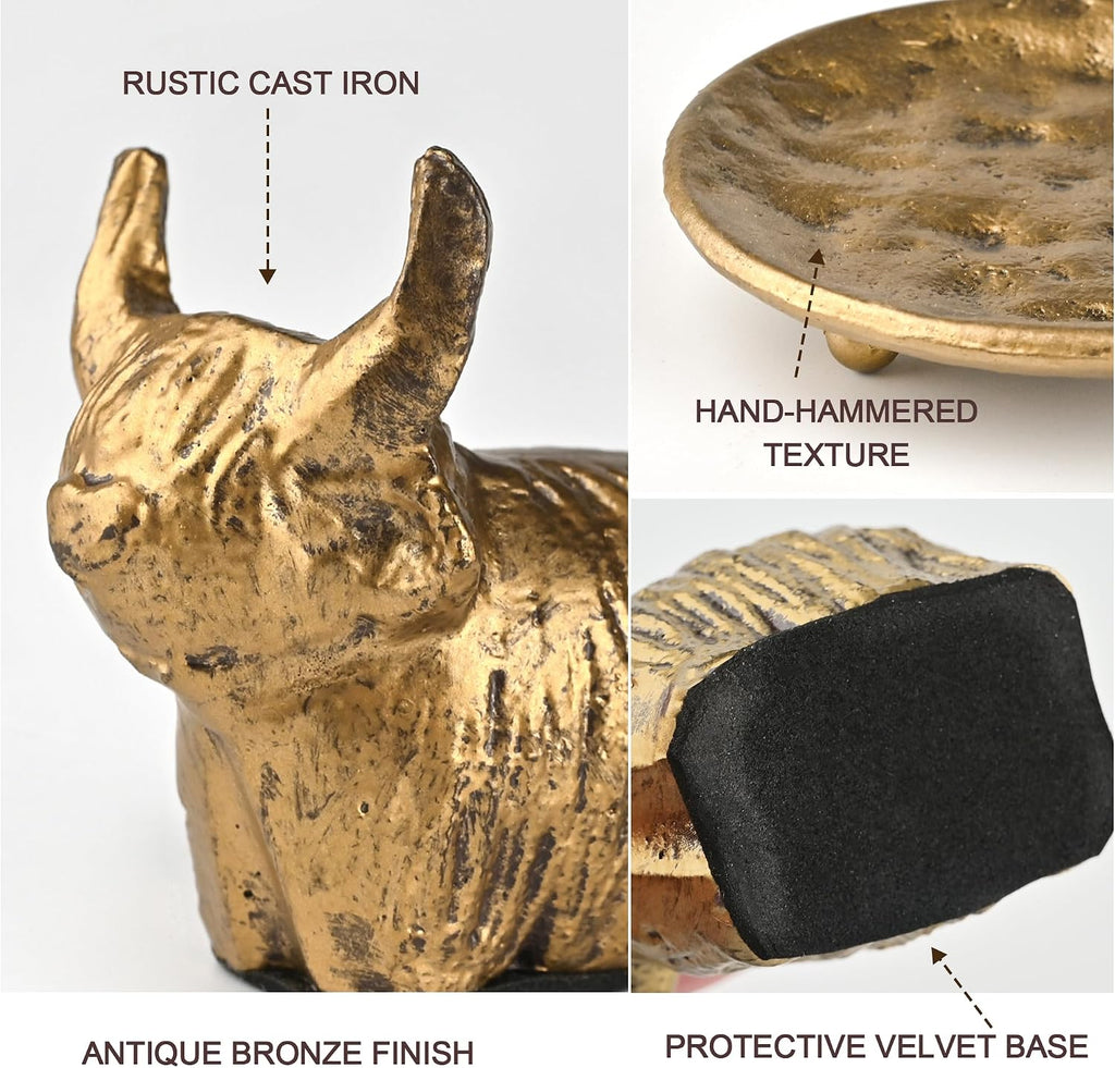 Highland Cow Jewelry Dish, Vintage Brass Cast Iron Trinket Tray for Rings, Earrings, and Keys, Decorative Ring Holder