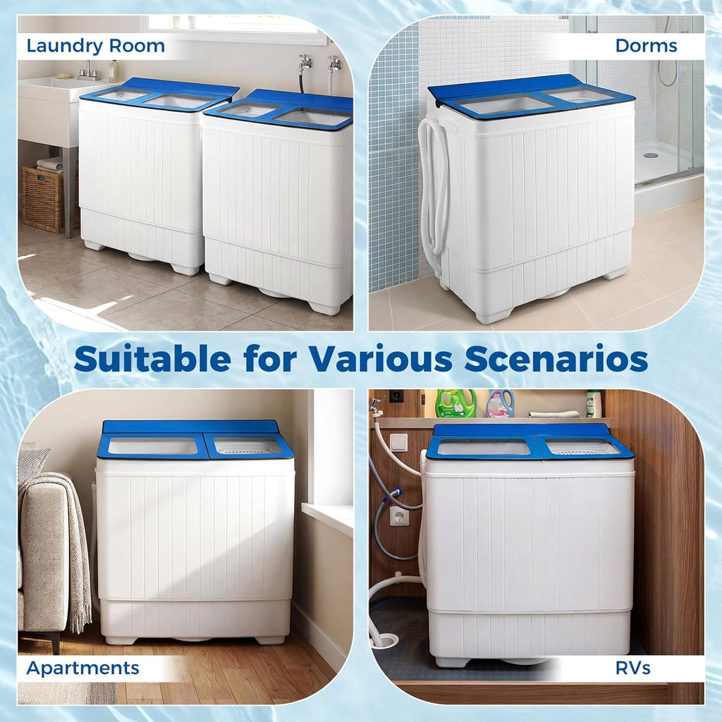 Portable Washing Machine, 26LBS Twin Tub Mini Compact Laundry Washer Spinner Combo with Drain Pump, 18Lbs Washer and 8Lbs Spinner for Apartments, RVs, Dorms, Blue+White