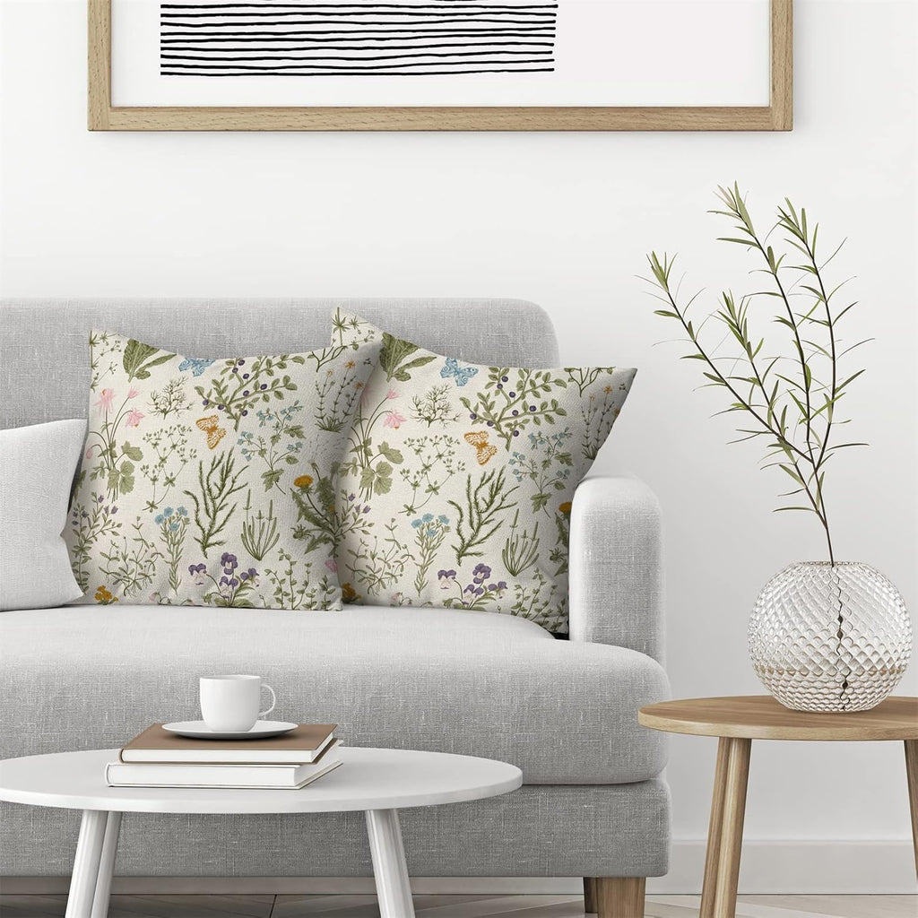 Spring Pillow Covers 18x18 Inch Set of 2,Sage Green Wild Flower Plant Throw Pillows Case,Seasonal Floral Outdoor