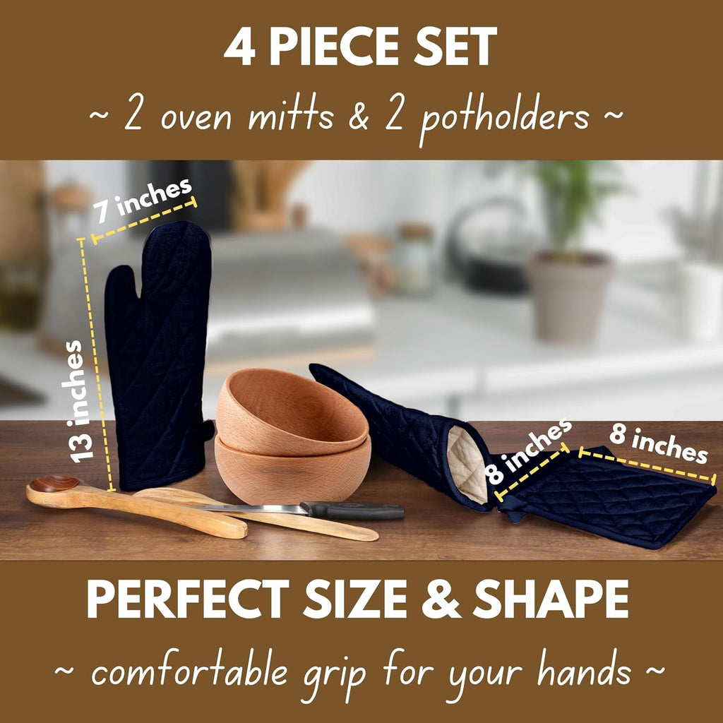 4 Piece Set - 2 Oven Mitts & 2 Potholders, Heat Resistant, 100% Cotton, Quilted Design, Non-Slip Grip, Machine