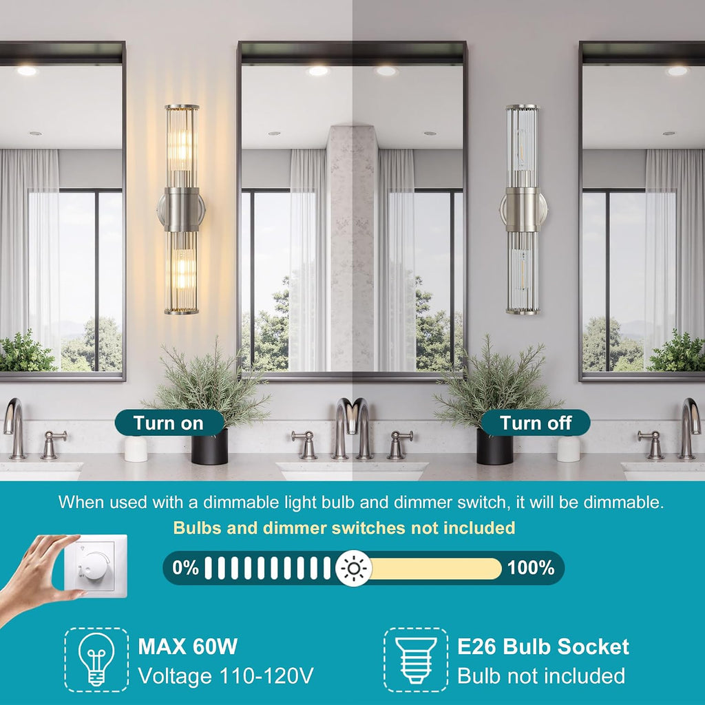 Hardwired Nickel Bathroom Vanity Light Glass Rod Wall Sconce | Up & Down Bidirectional Lighting, Damp Rated s