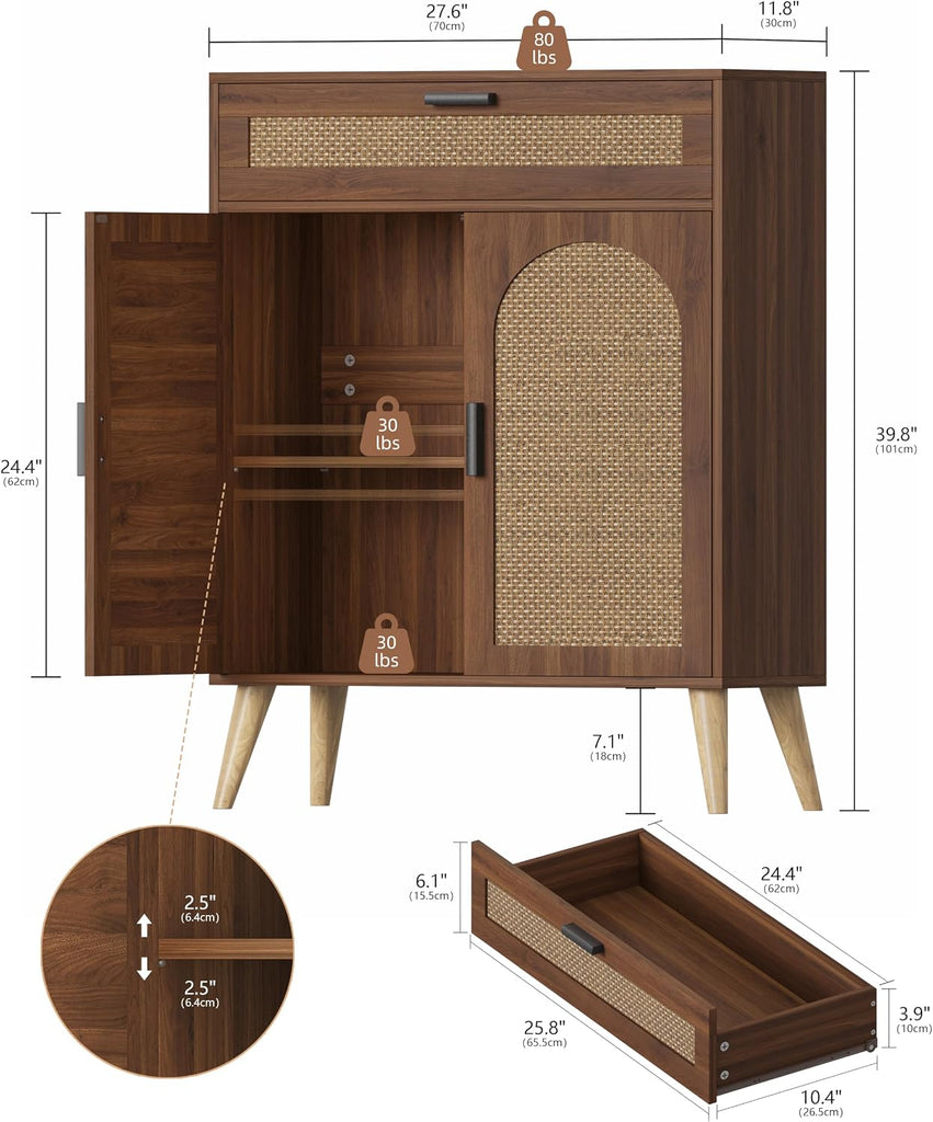 Rattan Storage Cabinet with Drawer and 2 Doors, Walnut | Accent Sideboard Buffet Cabinet with Adjustable Shelf &