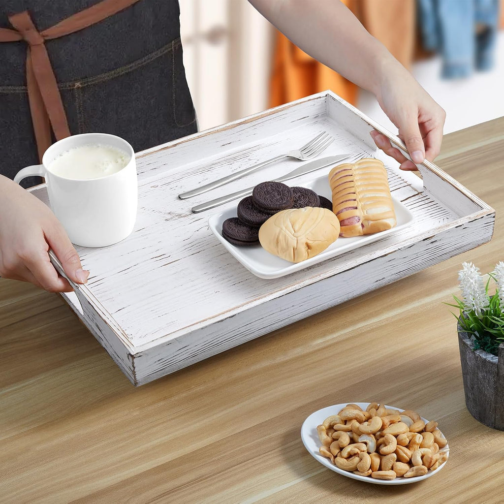 17 Inch Rustic White Serving Tray with Handles - Large Wooden Tray for Ottoman
