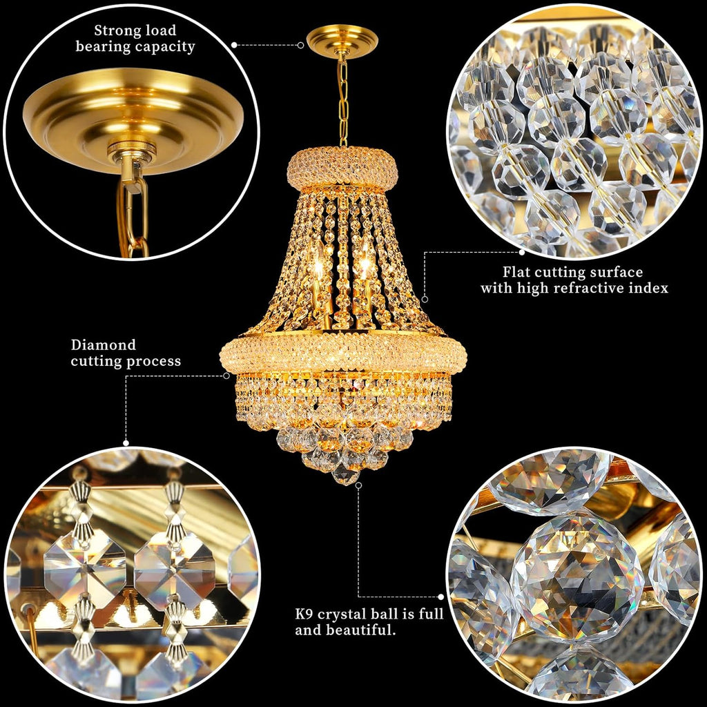 Crystal Chandeliers for Dining Room Light Fixtures Over Table_Empire Style K9 Crystal Chandeliers for Living Room_6 Lights Gold Luxury Lighting Fixtures for Bedroom Kitchen Island Entryway