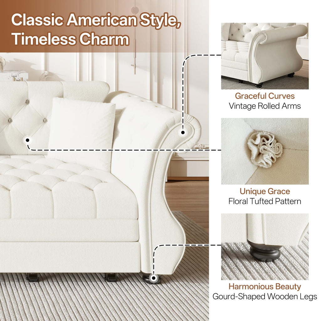 Sleeper Sofa Bed 97.6", Velvet Pull Out Couch, Chesterfield Sofa, Beige