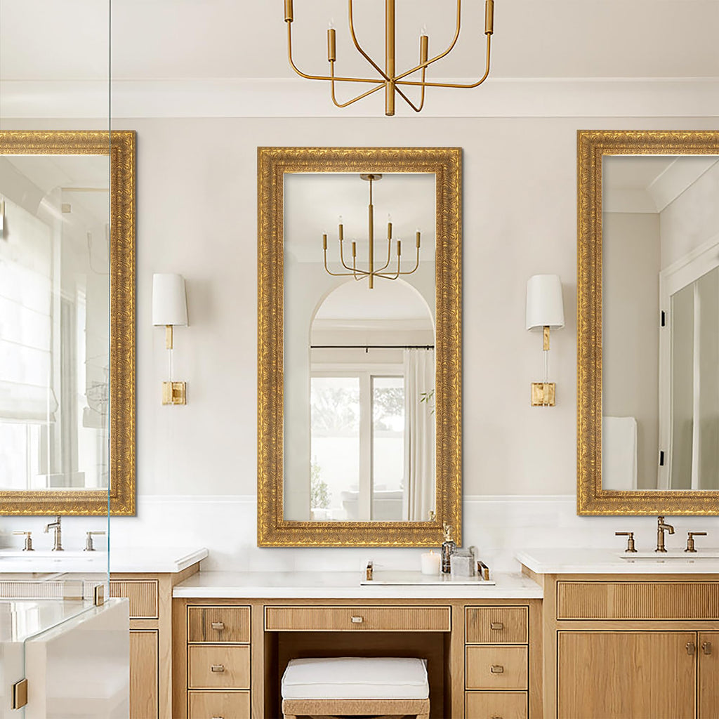 48" L x 24" W Large Gold Mirror for Wall, Rectangular Decorative Mirror Wall Decor with Leaves Shape Wood Frame