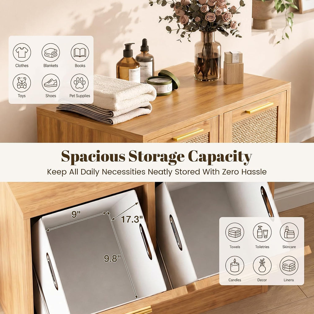Laundry Cabinet, Bathroom Cabinet with with Breathable Real Rattan Design, Clothes Storge Basket with 2 Removable