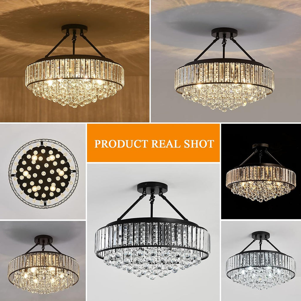 6-Light Modern Large Crystal Chandelier Black Metal E26 Semi Flush Mount Round Light Fixture Ceiling Lamp Farmhouse