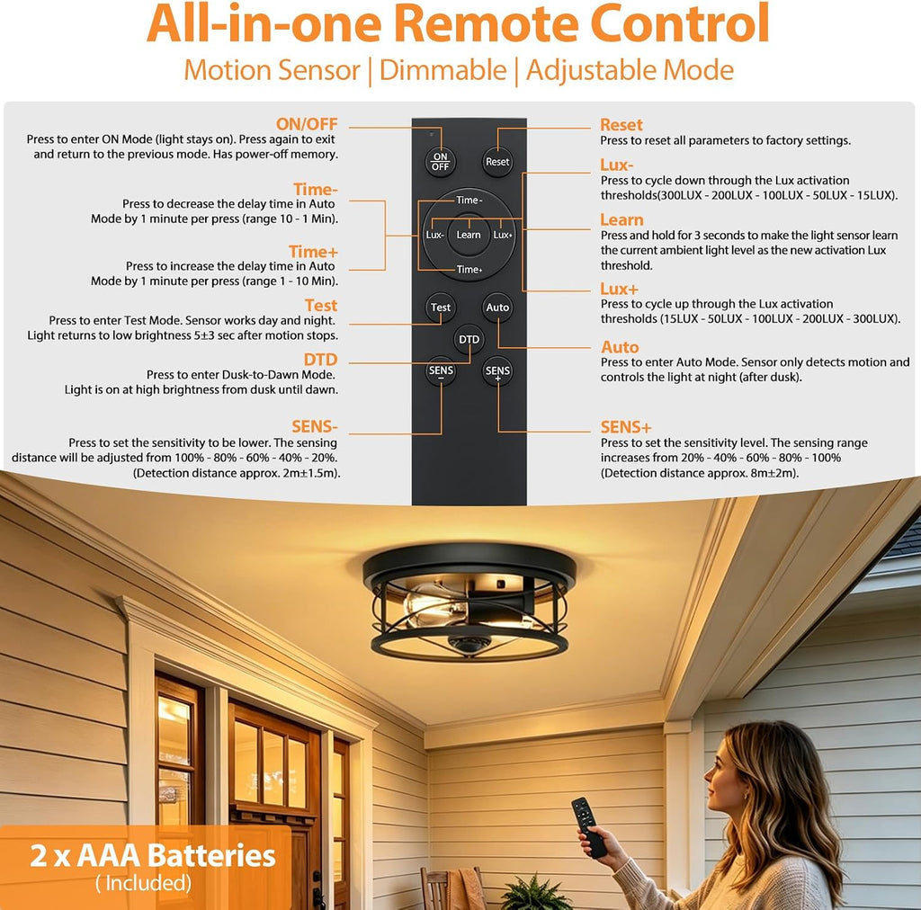 Motion Sensor Outdoor Ceiling Light, 2-Light Flush Mount Black Porch Light