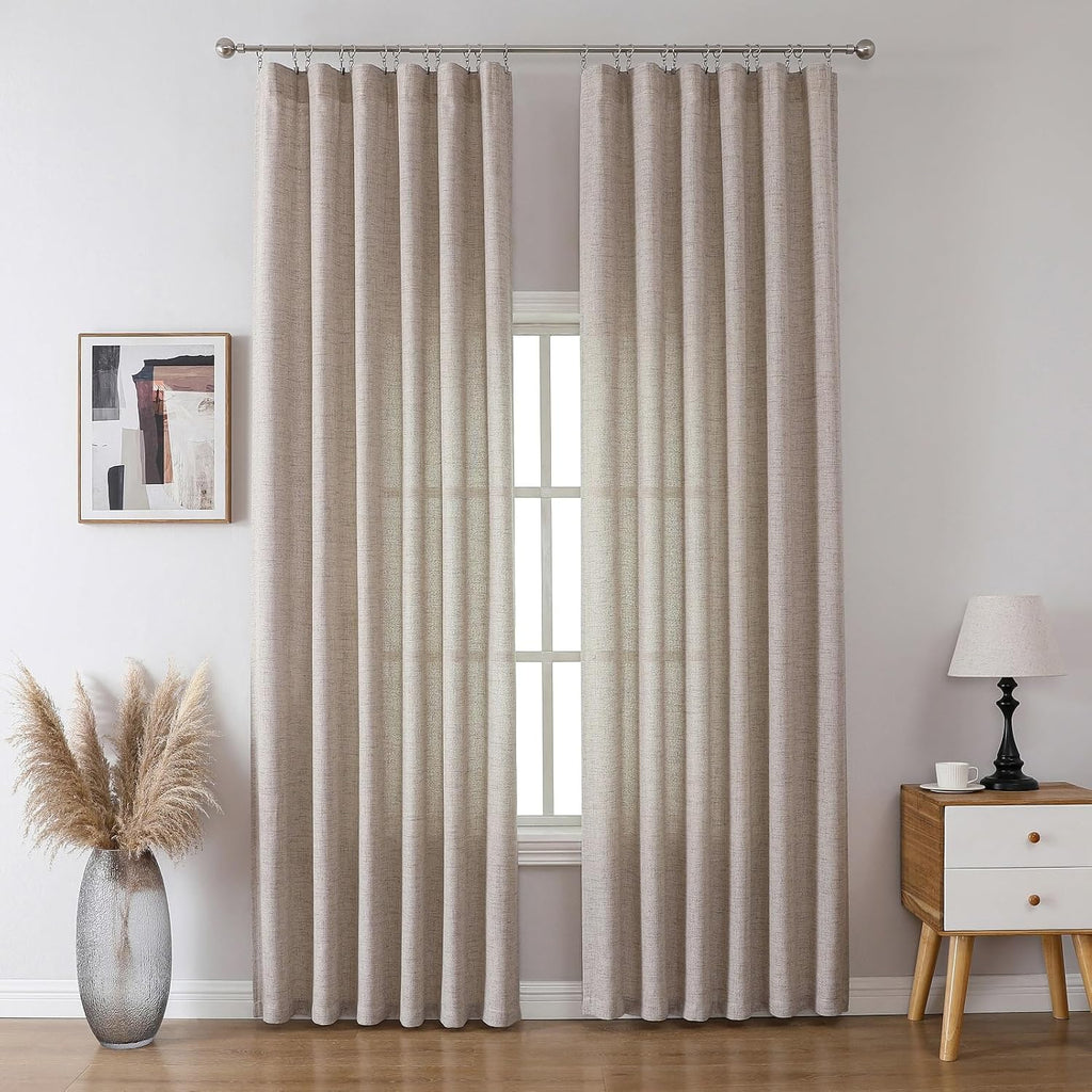 Taupe Flax Linen Pinch Pleat Curtains Drapes 2 Panel Thick| Semi Sheers Light Filtering Curtain