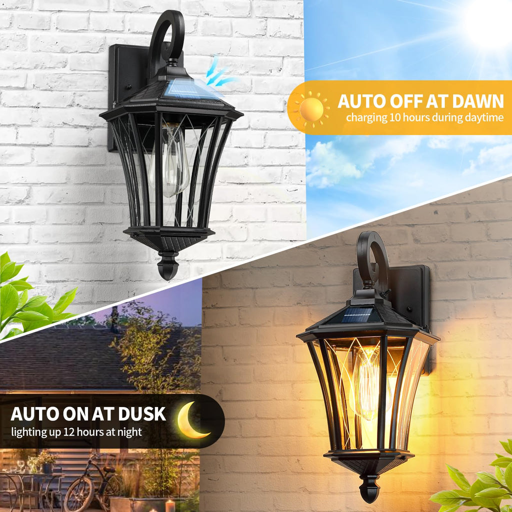16" Solar Wall Lights, Dusk to Dawn Solar Porch Light, Black, 1 Pack