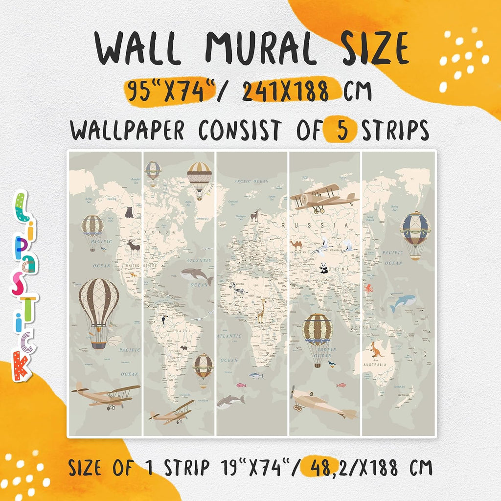 Kids World Map Wallpaper with Animals-Peel and Stick Educational Decals-Nursery Murals for Baby, Toddlers, Boys, Kids