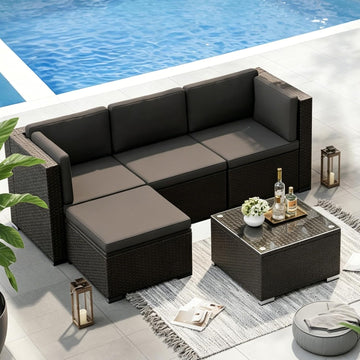 5-Piece Outdoor Patio Furniture Set, All-Weather PE Rattan Sectional Sofa with Ottoman, Glass Coffee Table &