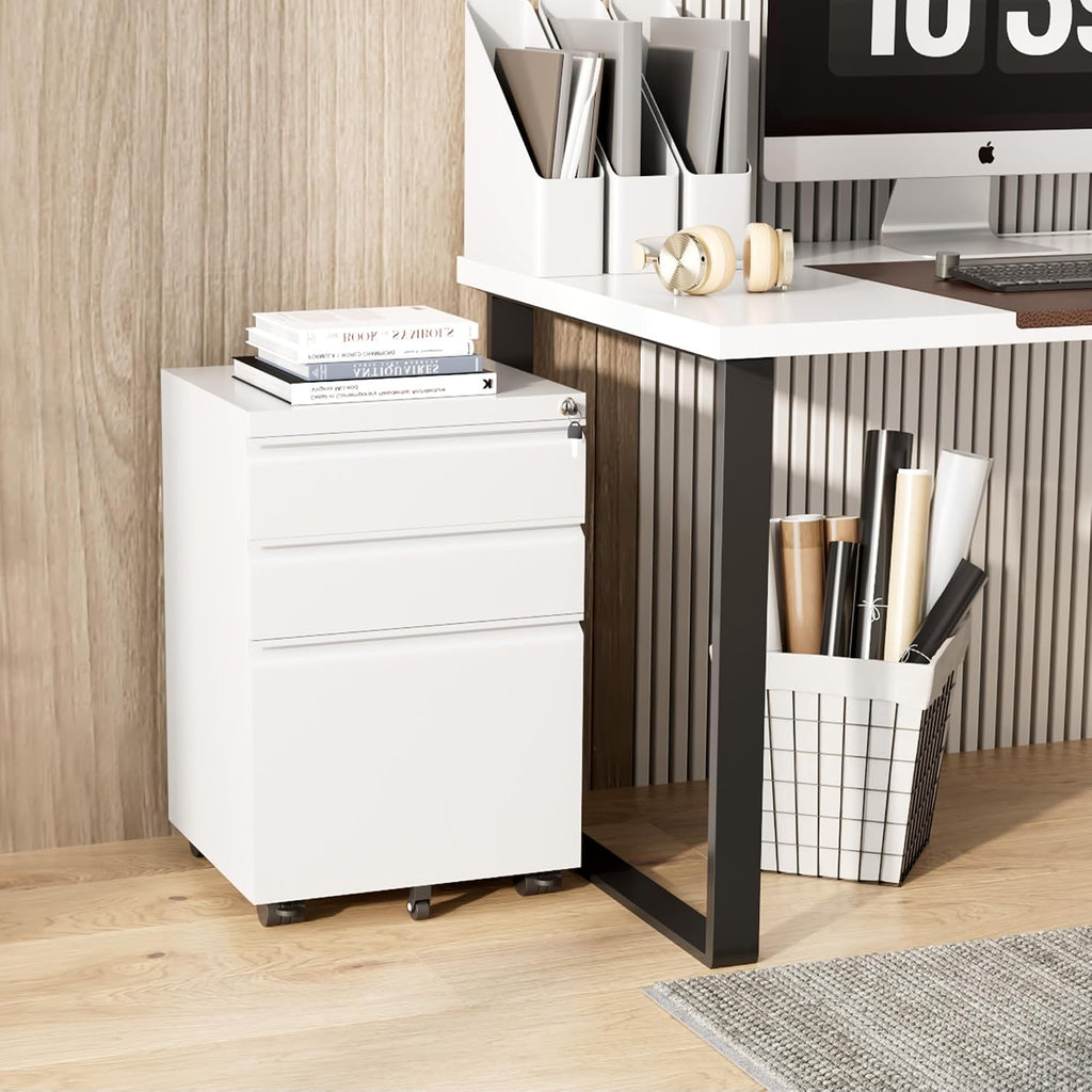 3 Drawer Mobile File Cabinet with Lock, Fully Assembled Rolling File Cabinet Except Casters, Under Desk File Cabinet