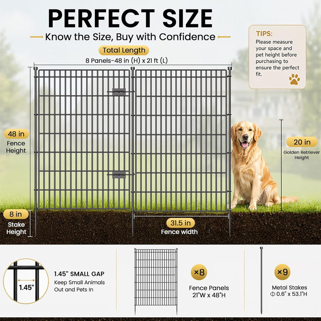 8 Panels No Dig Garden Fence with Gate, 48in(H) × 21ft(L) Decorative Metal Outdoor Dog Fence, Rustproof Pet Fencing