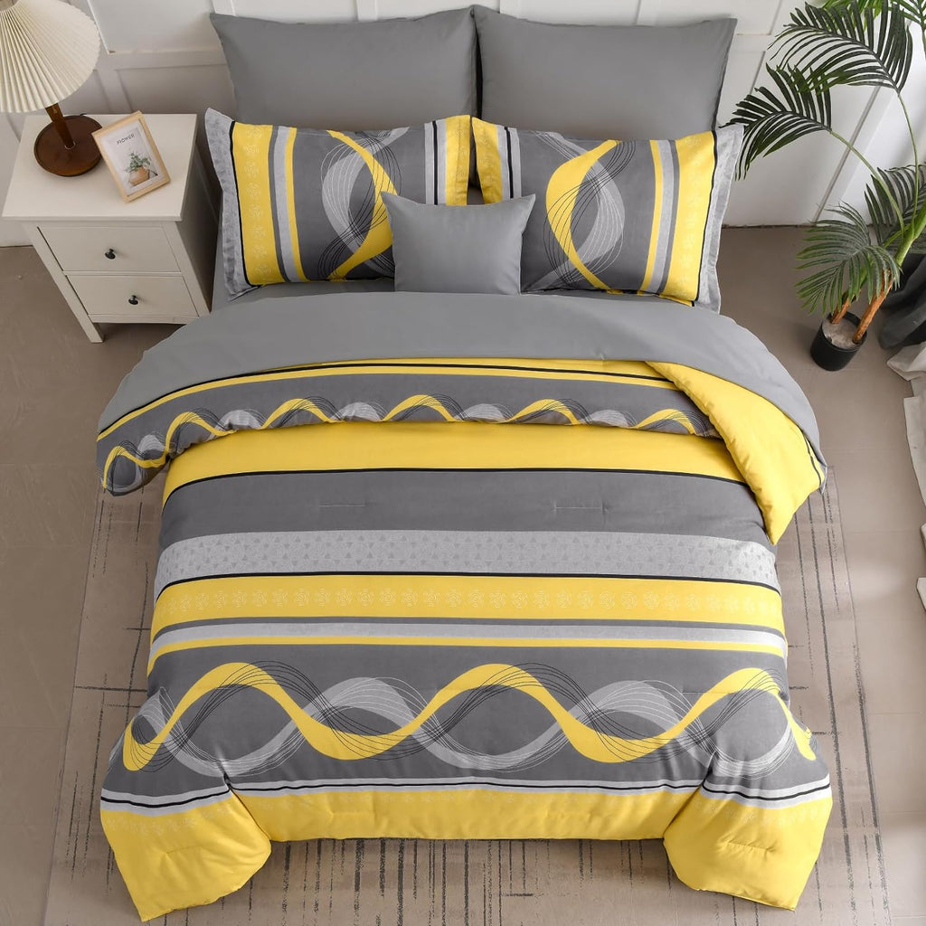 Yellow Comforter Set, 8 Pieces Bed in a Bag Patchwork Striped Bedding Sets, Boho Soft Microfiber Bedding
