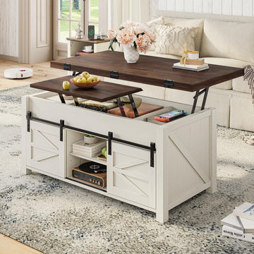 Lift Top Coffee Table with 4 Sliding Barn Doors, 4 in 1 Farmhouse Coffee Table with Adjustable Shelves and Hidden