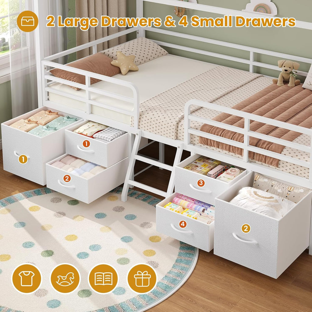 Twin Size Bed Frame with 6 Drawers,White Metal House Kids Bed | Twin Bed Frame for Girls,Safety Guardrail,Inclined