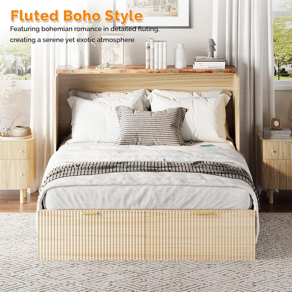 Queen Murphy Bed with Storage Drawer,2 Charging Station,Fluted Wooden Foldable Bed Cabinet,Boho,Hideaway Paltform