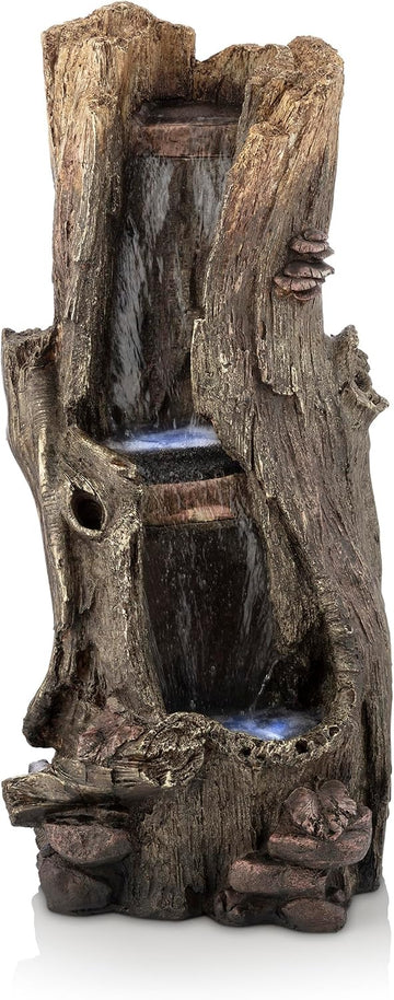 Outdoor Rainforest Waterfall Tree Trunk Floor Fountain with LED Lights, Tiered Garden Decor, 41" H, Brown
