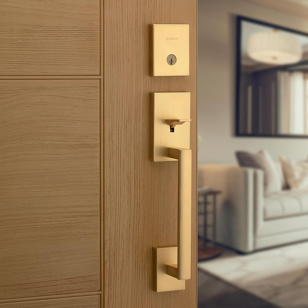 San Clemente Front Door Lock Handle and Deadbolt Set, Entry Handleset Exterior with Square Pismo Interior Door Knob - Door Handleset