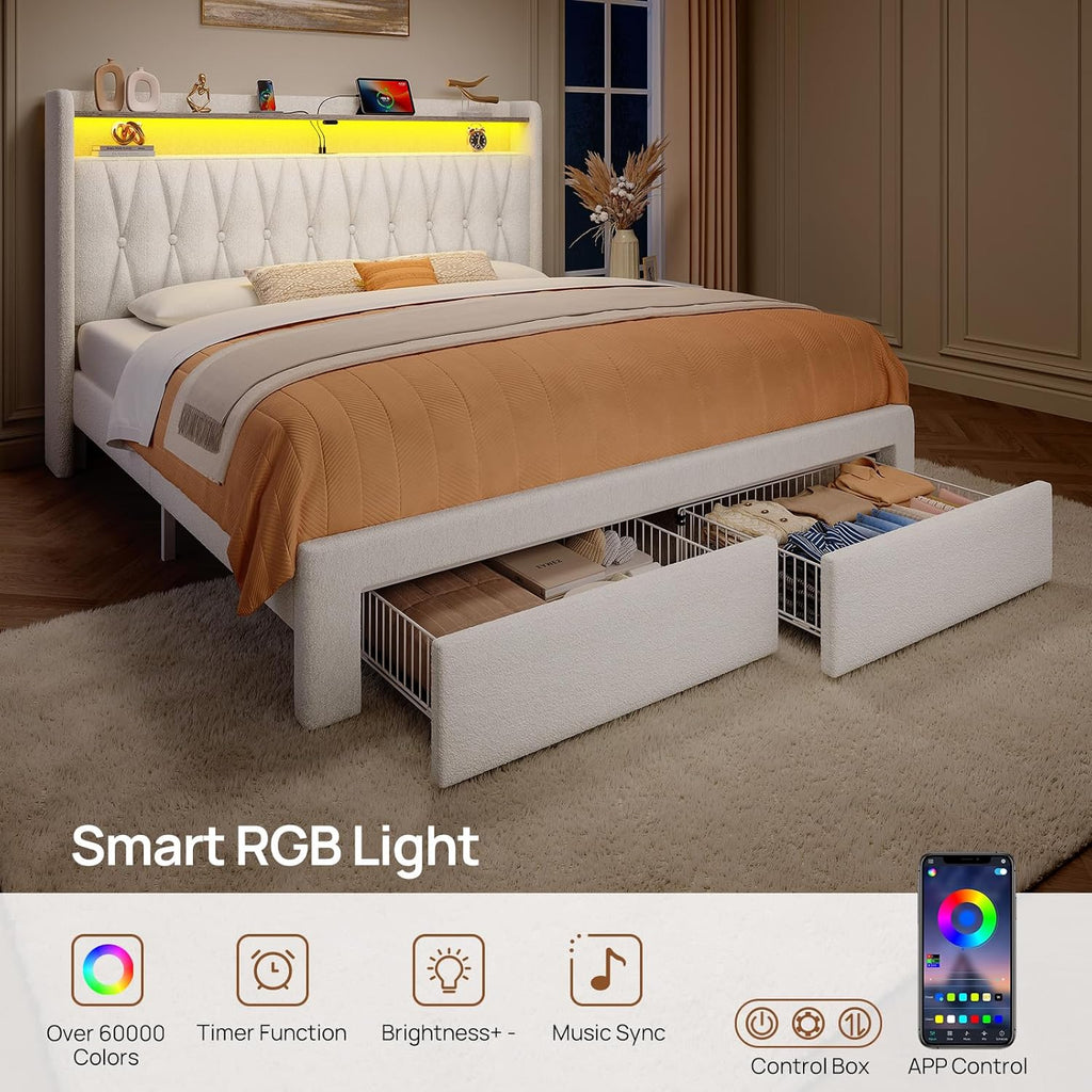Full Bed Frame with Drawers, Storage Headboard with Charging Station and LED Lights