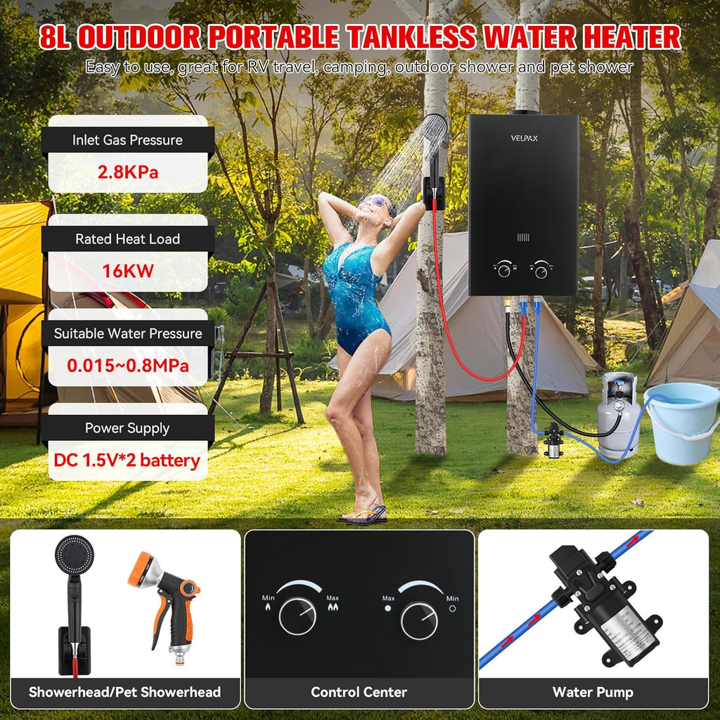 Tankless Water Heater Propane, 2.11GPM 8L Outdoor Portable Water Heater, with 2 GPM Water Pump