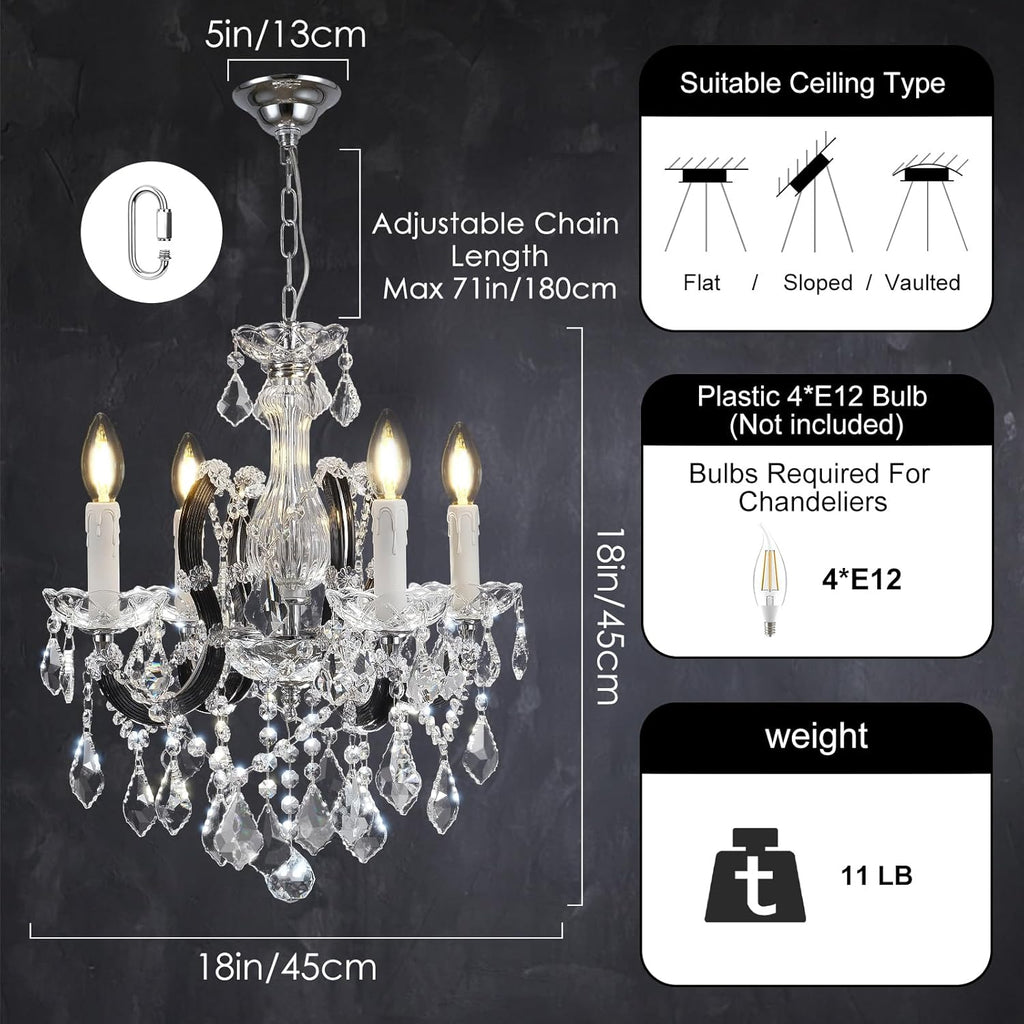 Crystal Candle Chandelier, K9 Crystal Lighting Chandelier, Pendant Flush Mount Ceiling Light, Modern Crystal Glass Chandelier for Bedroom Bar Kitchen Bathroom, H 23" x W 18" E12 Base, Black