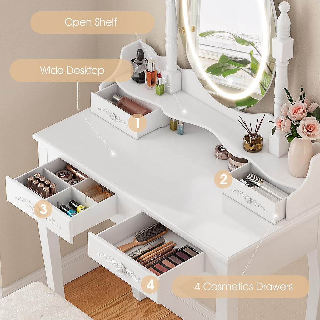 Vanity Desk with Mirror and Lights, Makeup Table with Cushioned Stool Set | Modern Vanity with 4 Drawers, 3 Color