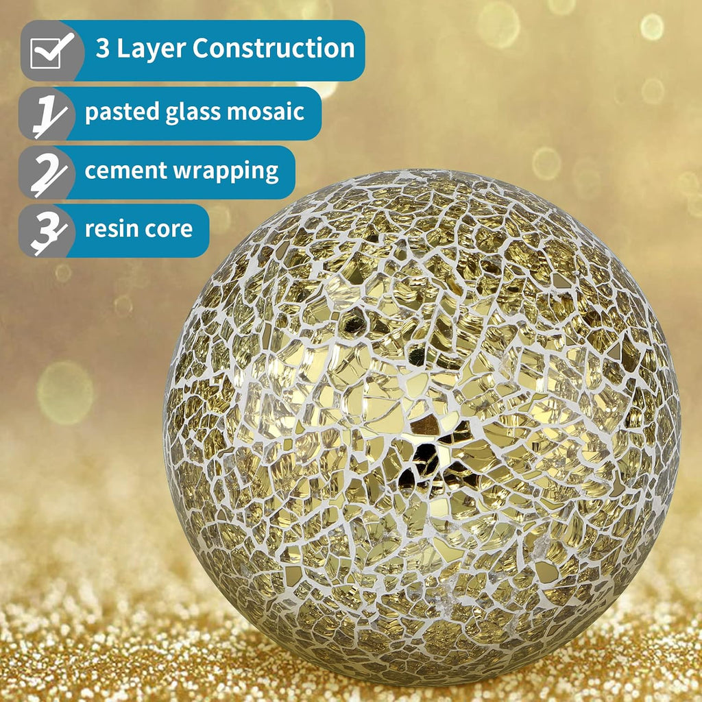 4" Decorative Orbs, Mosaic Sphere Balls, Centerpiece Balls for Bowls, Vases, Dining Table Decor, Pack of 3 (Gold) - Set of 3