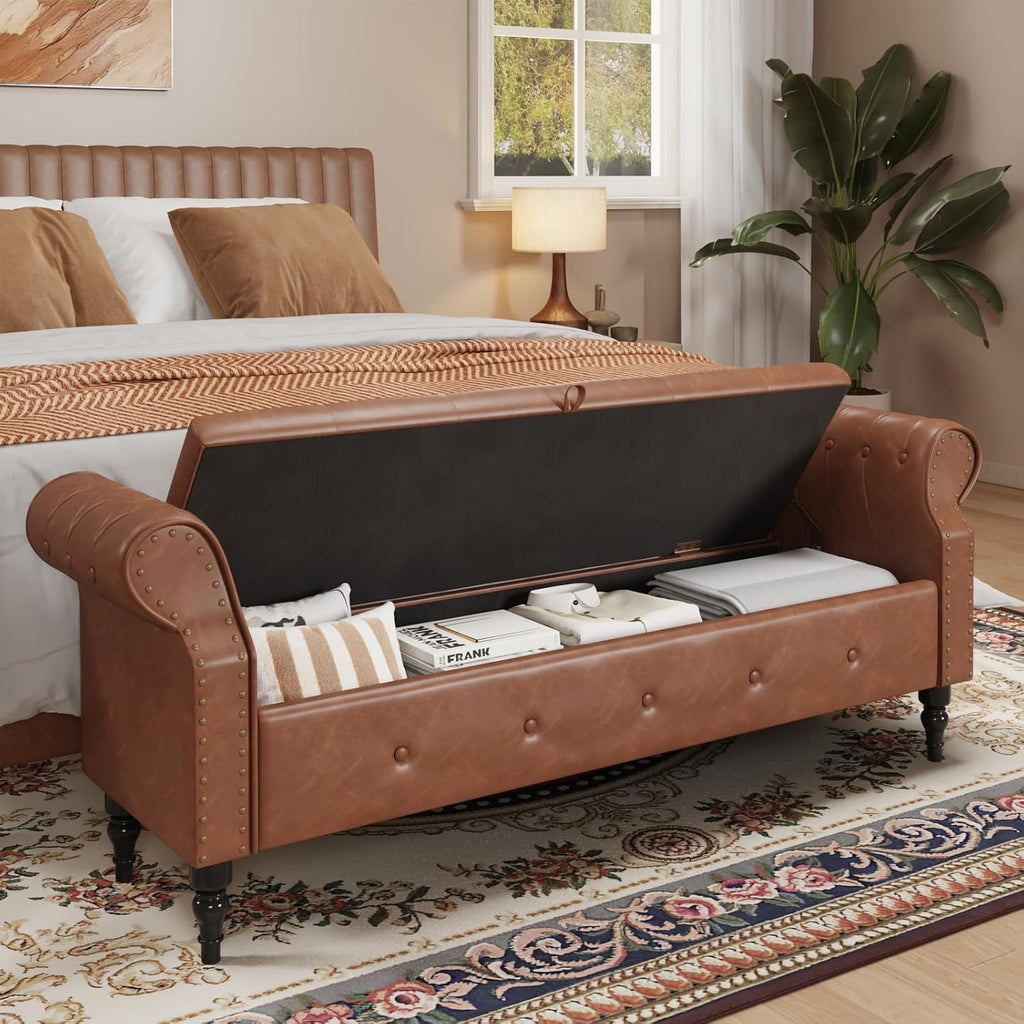 65" End of Bed Storage Bench with Rolled Arms,Storage Ottoman | Large Upholstered Shoe Benches with Nailhead