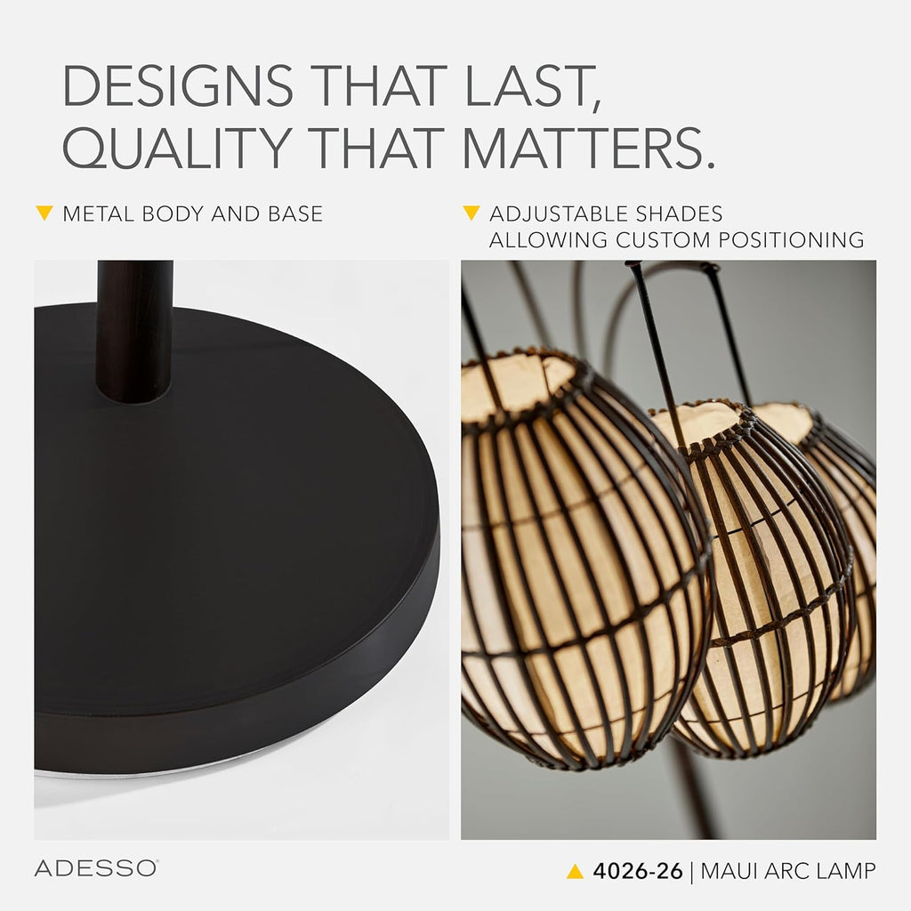 Maui Arc Floor Lamp with 3 Movable Shades & Adjustable Height- Perfect Lighting and Corner Decor, Antique Bronze