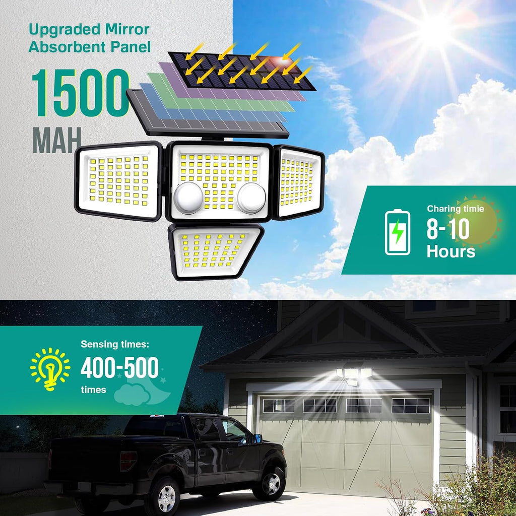 Solar Outdoor Lights - 3000LM 188 LED Motion Sensor Outdoor Lights, 4 Heads Security Light,IP65 Waterproof, Easy