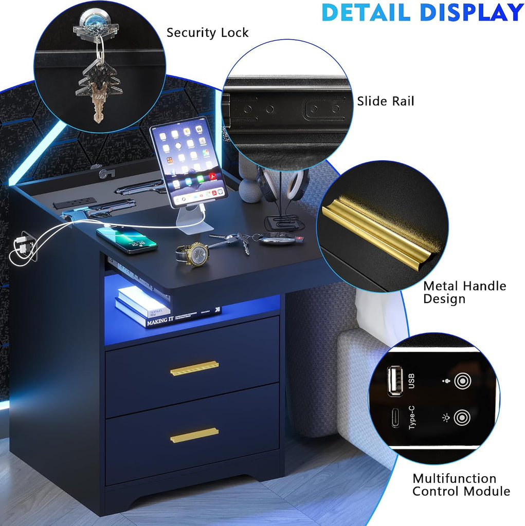 LED Night Stand with Gun Drawer , Charging Bedside Table with USB & Type-C Port, Modern End Table with Human Sensor