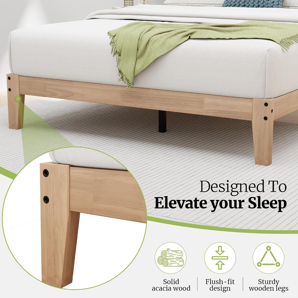 Queen Bed Frame, 12 Inch Solid Wood Platform Bed with Wooden Slats, Natural Finish Wood Bed Frame No Box Spring
