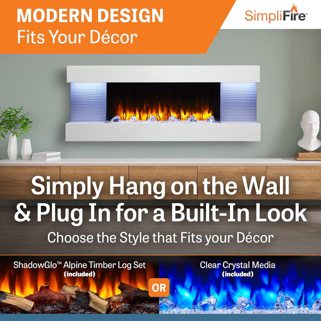 36-Inch Wall Mount Electric Fireplace with 60-Inch Floating Mantel (SF-FORMAT36-SF-FM60-WH)