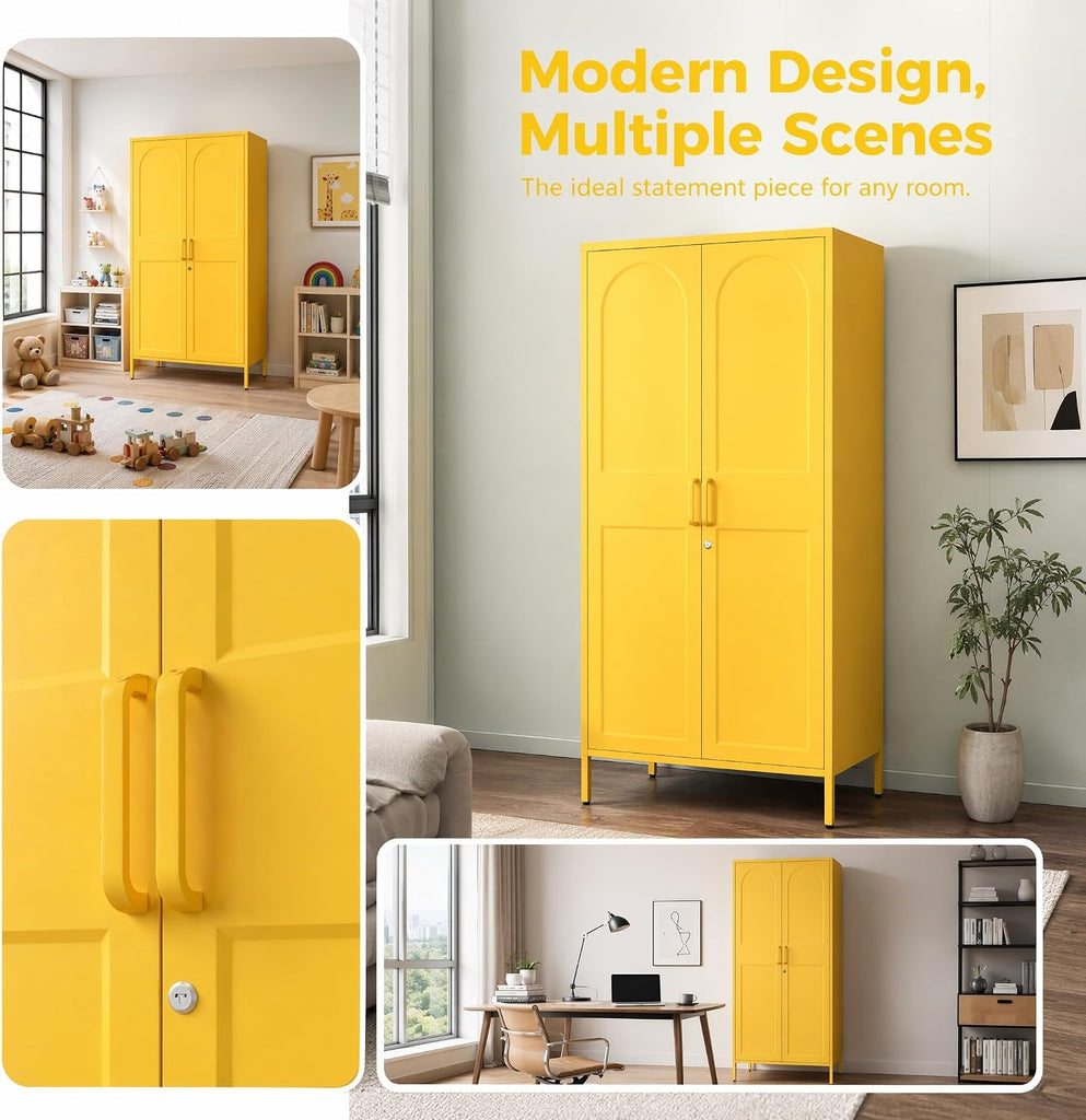 Yellow Lockable Armoire Wardrobe Closet Storage Cabinet with Hanging Rod, 67" Metal Wardrobe Cabinet with 2 Doors and