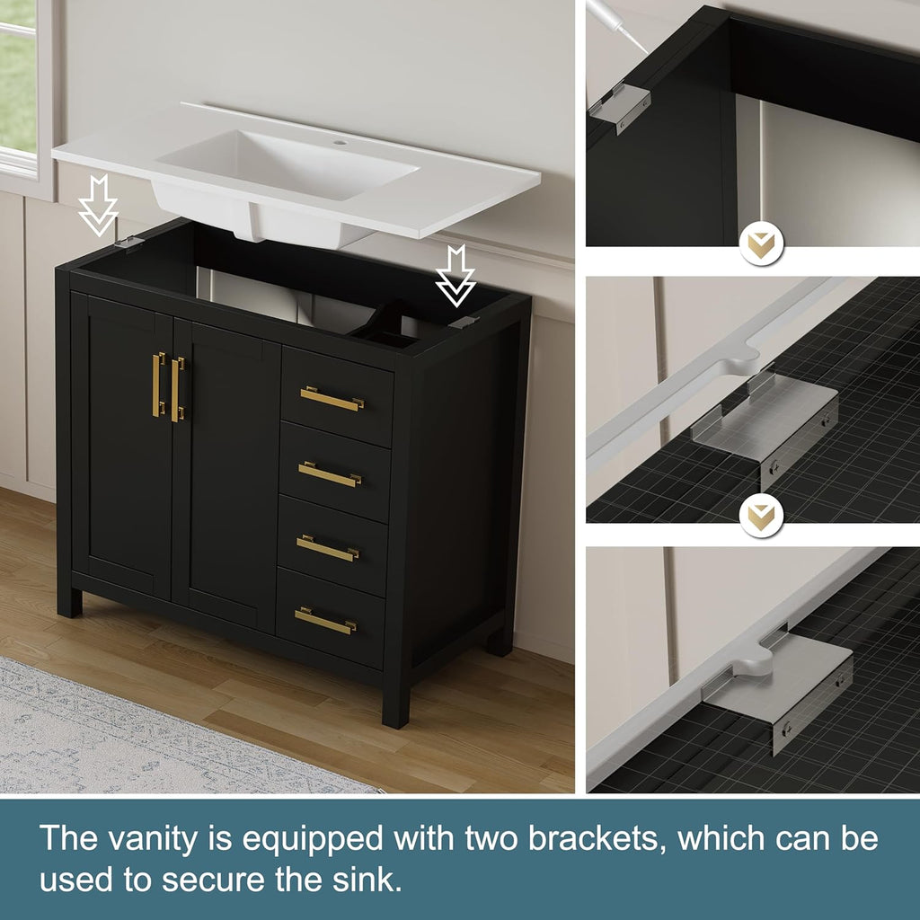 36" Black Single Sink Bathroom Vanity with Integrated Top - Freestanding Vanity Cabinet