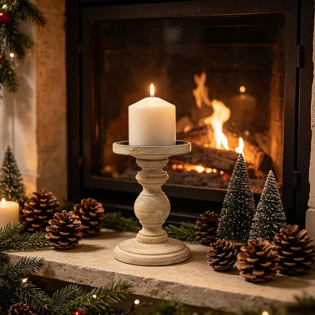 Set of 2 Antique White Wooden Pillar Candle Holders - 7 Inch Rustic Farmhouse Candlestick Stand, Distressed Candle