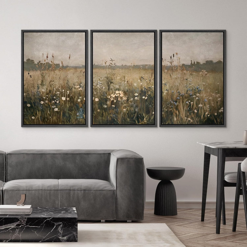 Framed Canvas Print Wall Art Set Wildflower Meadow Rustic Floral Field Landscape Illustrations Modern Art Decorative
