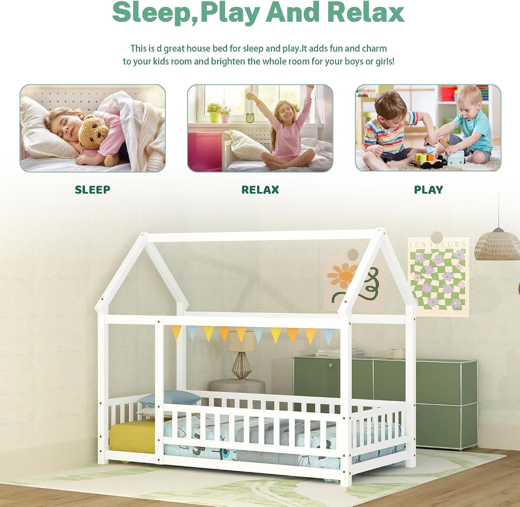 Twin Size House Floor Bed,Wooden Montessori Bed with Fence and Roof for Kids,Twin Bed Frame for Boys,Girls(Twin,White)