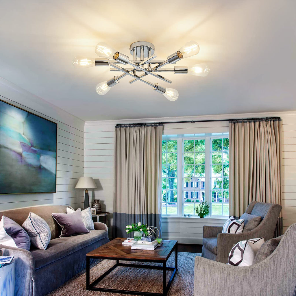 6-Lights Semi Flush Mount Ceiling Light Fixture Modern Chrome Matte Sputnik Chandelier Farmhouse Ceiling Lighting