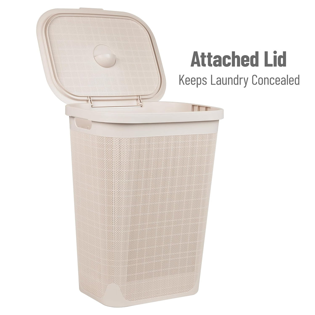 60L Slim Laundry Hamper, Clothes Basket, Lid, Linen Design, Plastic, Ivory