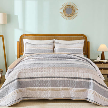 King Quilts Khaki, 3 Pieces Grey Boho Striped Bedspread Bedding for King Bed, Soft Lightweight Microfiber Bohemian